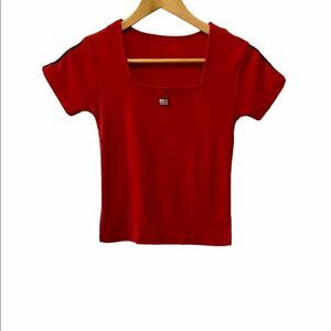 USA Red Cotton Cropped Stretch Square Neck Tee S
